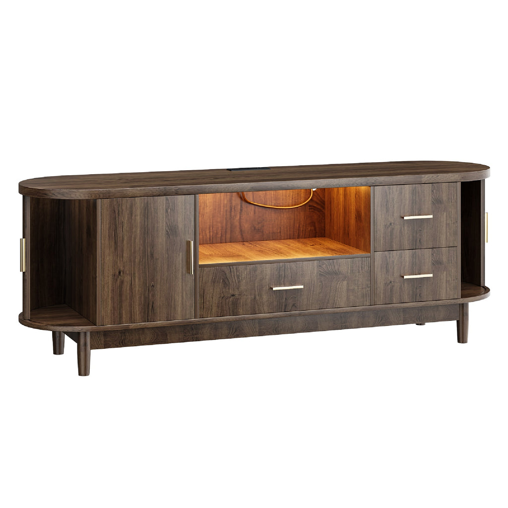 Kbun 63 inch Mid Century Modern TV Stand with Sliding Doors, LED Lights and Storage, Entertainment Center for TVs up to 60 Inch, Media Console with Adjustable Shelves for Living Room, Bedroom, Wood