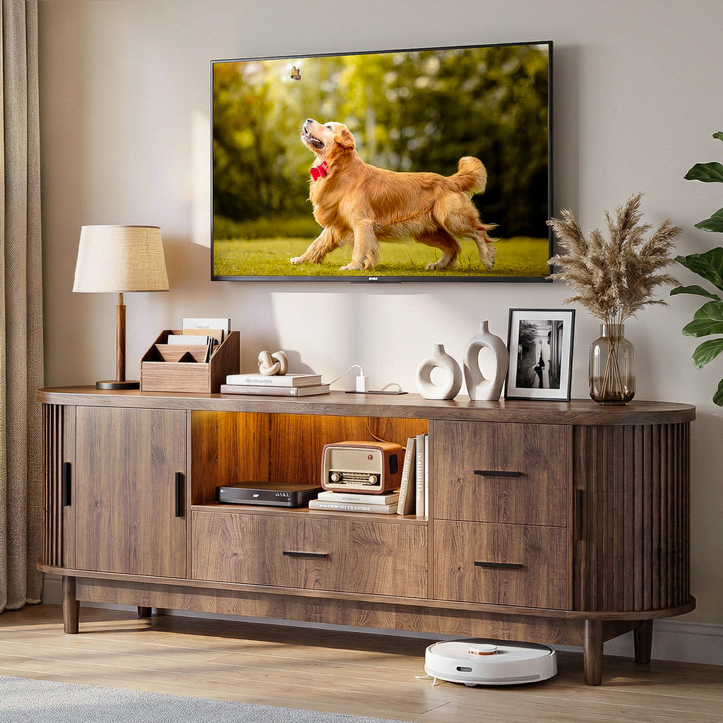 Kbun 63 inch Mid Century Modern TV Stand with Sliding Doors, LED Lights and Storage, Entertainment Center for TVs up to 60 Inch, Media Console with Adjustable Shelves for Living Room, Bedroom, Wood