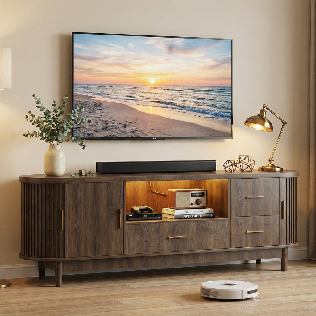 Kbun 63 inch Mid Century Modern TV Stand with Sliding Doors, LED Lights and Storage, Entertainment Center for TVs up to 60 Inch, Media Console with Adjustable Shelves for Living Room, Bedroom, Wood