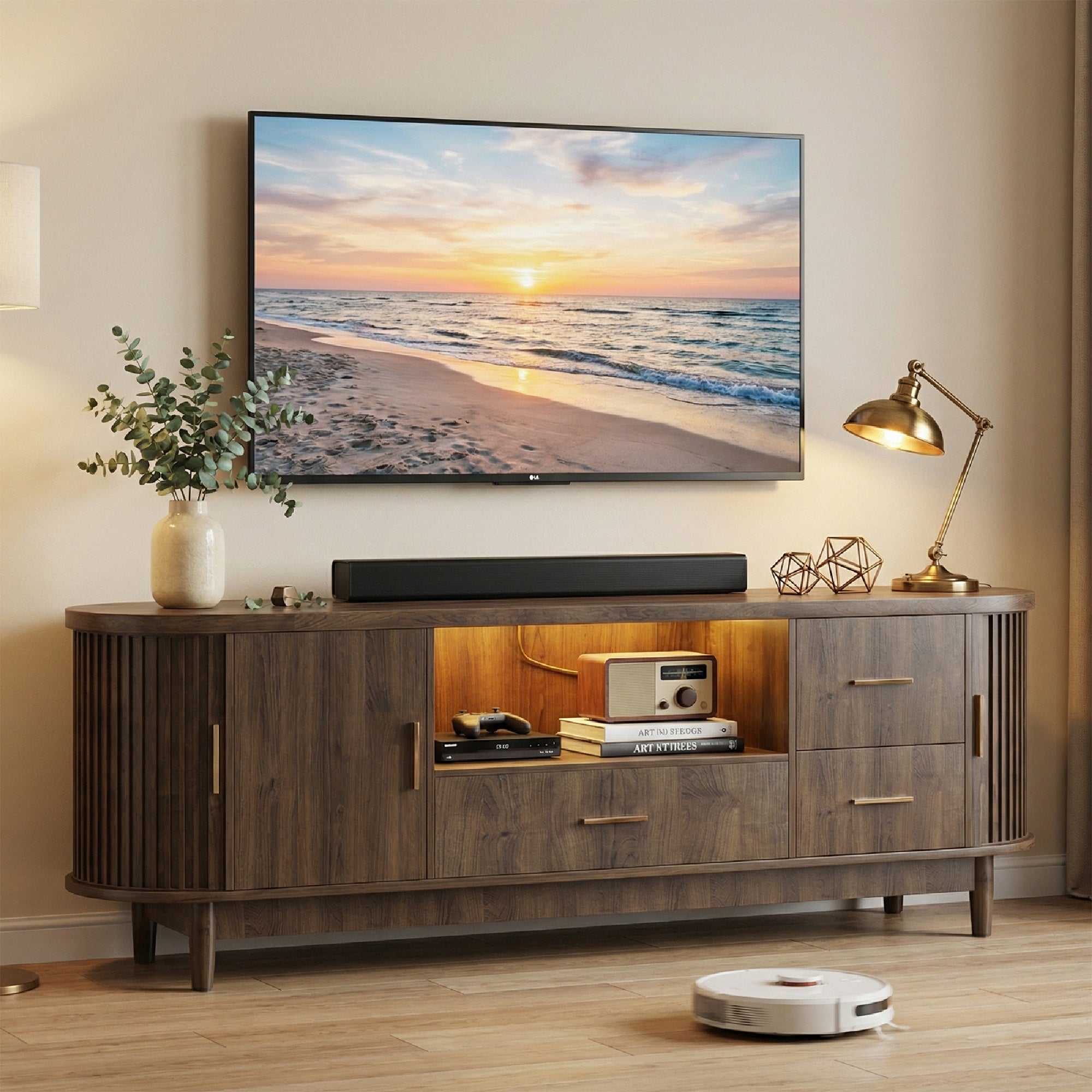 Kbun 63 inch Mid Century Modern TV Stand with Sliding Doors, LED Lights and Storage, Entertainment Center for TVs up to 60 Inch, Media Console with Adjustable Shelves for Living Room, Bedroom, Wood