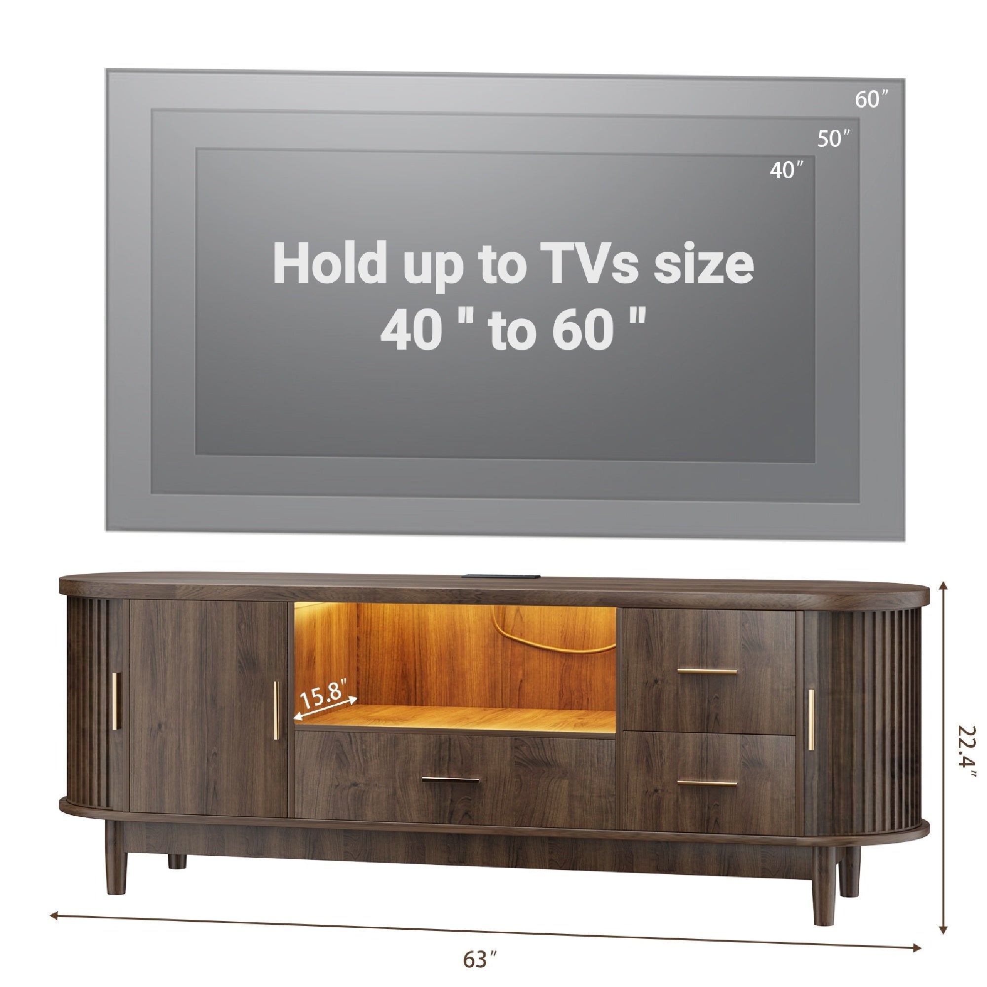 Kbun 63 inch Mid Century Modern TV Stand with Sliding Doors, LED Lights and Storage, Entertainment Center for TVs up to 60 Inch, Media Console with Adjustable Shelves for Living Room, Bedroom, Wood