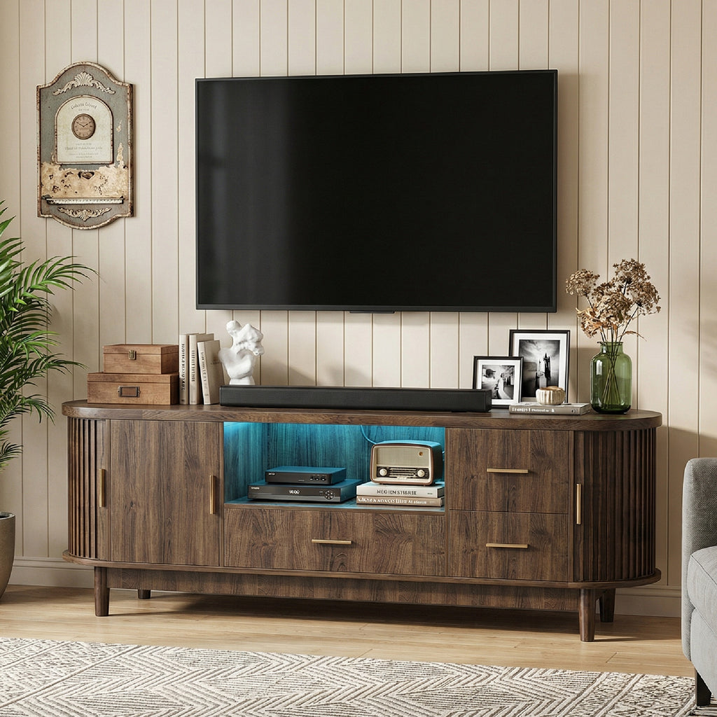 Kbun 63 inch Mid Century Modern TV Stand with Sliding Doors, LED Lights and Storage, Entertainment Center for TVs up to 60 Inch, Media Console with Adjustable Shelves for Living Room, Bedroom, Wood