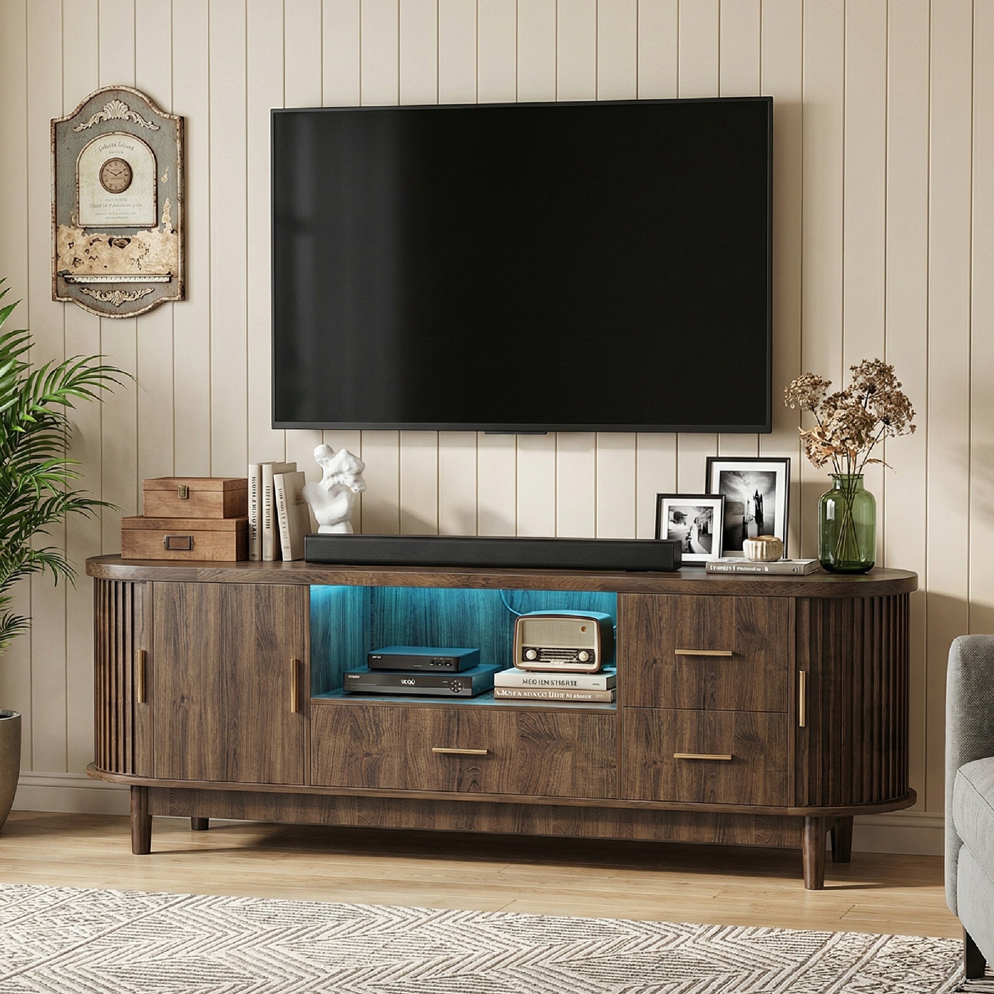 Kbun 63 inch Mid Century Modern TV Stand with Sliding Doors, LED Lights and Storage, Entertainment Center for TVs up to 60 Inch, Media Console with Adjustable Shelves for Living Room, Bedroom, Wood