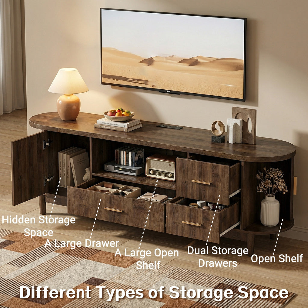 Kbun 63 inch Mid Century Modern TV Stand with Sliding Doors, LED Lights and Storage, Entertainment Center for TVs up to 60 Inch, Media Console with Adjustable Shelves for Living Room, Bedroom, Wood