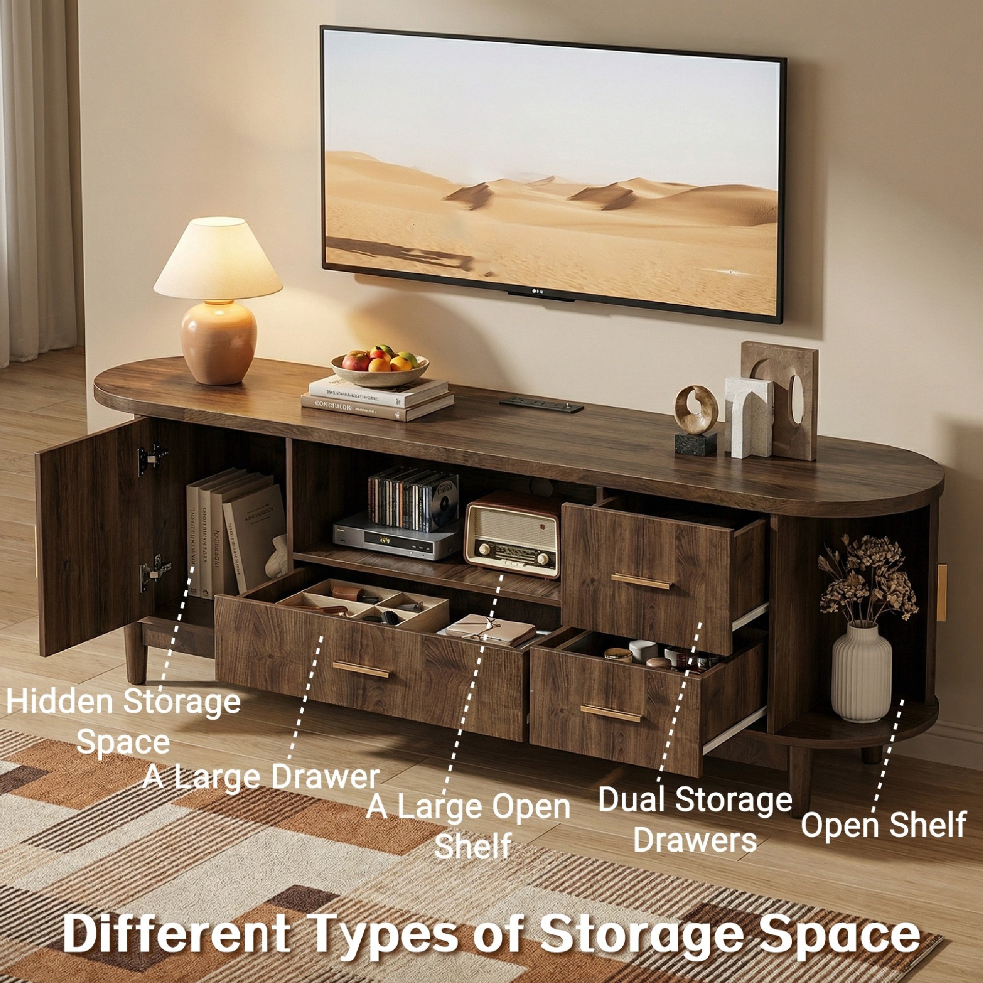 Kbun 63 inch Mid Century Modern TV Stand with Sliding Doors, LED Lights and Storage, Entertainment Center for TVs up to 60 Inch, Media Console with Adjustable Shelves for Living Room, Bedroom, Wood