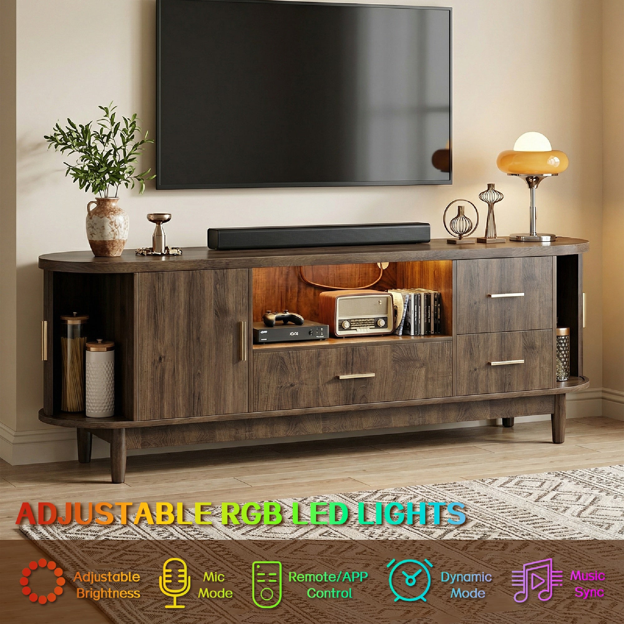 Kbun 63 inch Mid Century Modern TV Stand with Sliding Doors, LED Lights and Storage, Entertainment Center for TVs up to 60 Inch, Media Console with Adjustable Shelves for Living Room, Bedroom, Wood