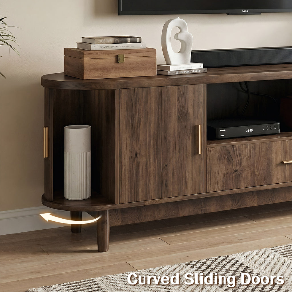Kbun 63 inch Mid Century Modern TV Stand with Sliding Doors, LED Lights and Storage, Entertainment Center for TVs up to 60 Inch, Media Console with Adjustable Shelves for Living Room, Bedroom, Wood