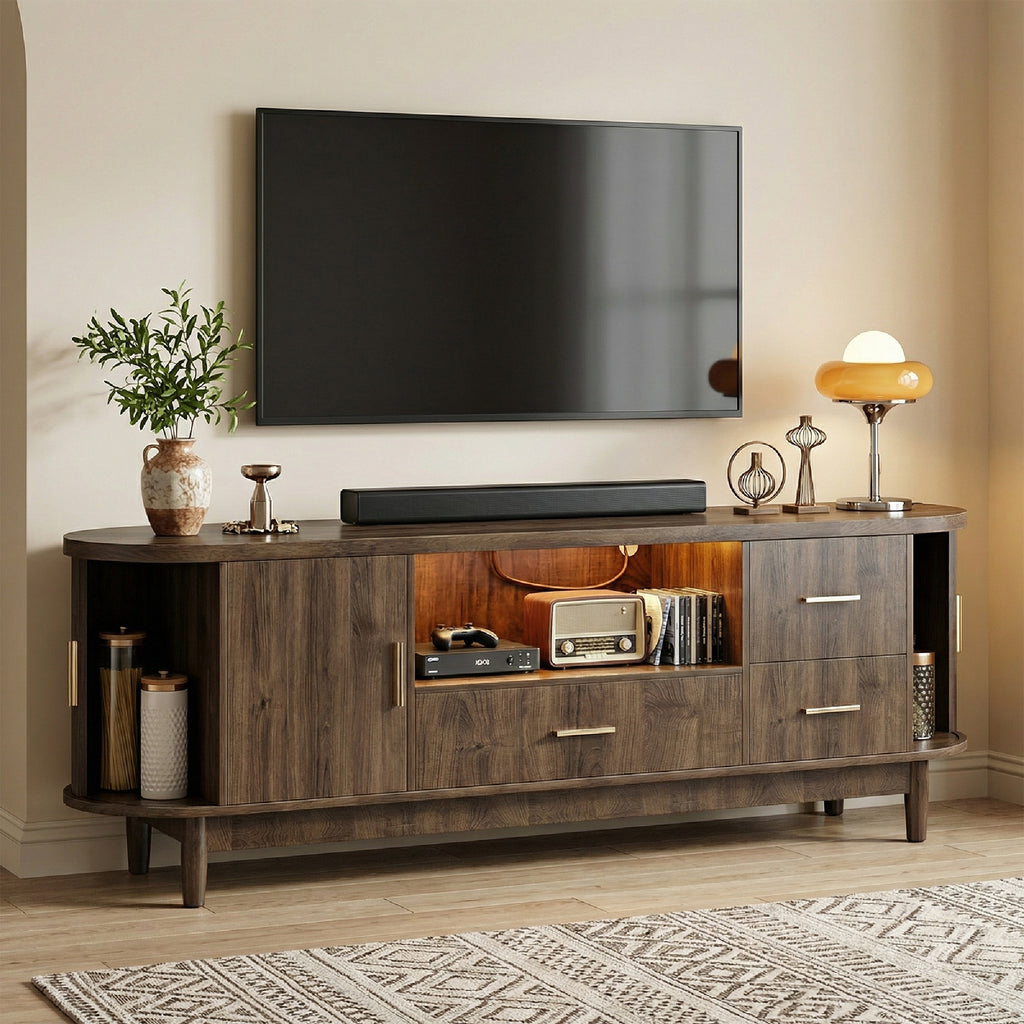 Kbun 63 inch Mid Century Modern TV Stand with Sliding Doors, LED Lights and Storage, Entertainment Center for TVs up to 60 Inch, Media Console with Adjustable Shelves for Living Room, Bedroom, Wood