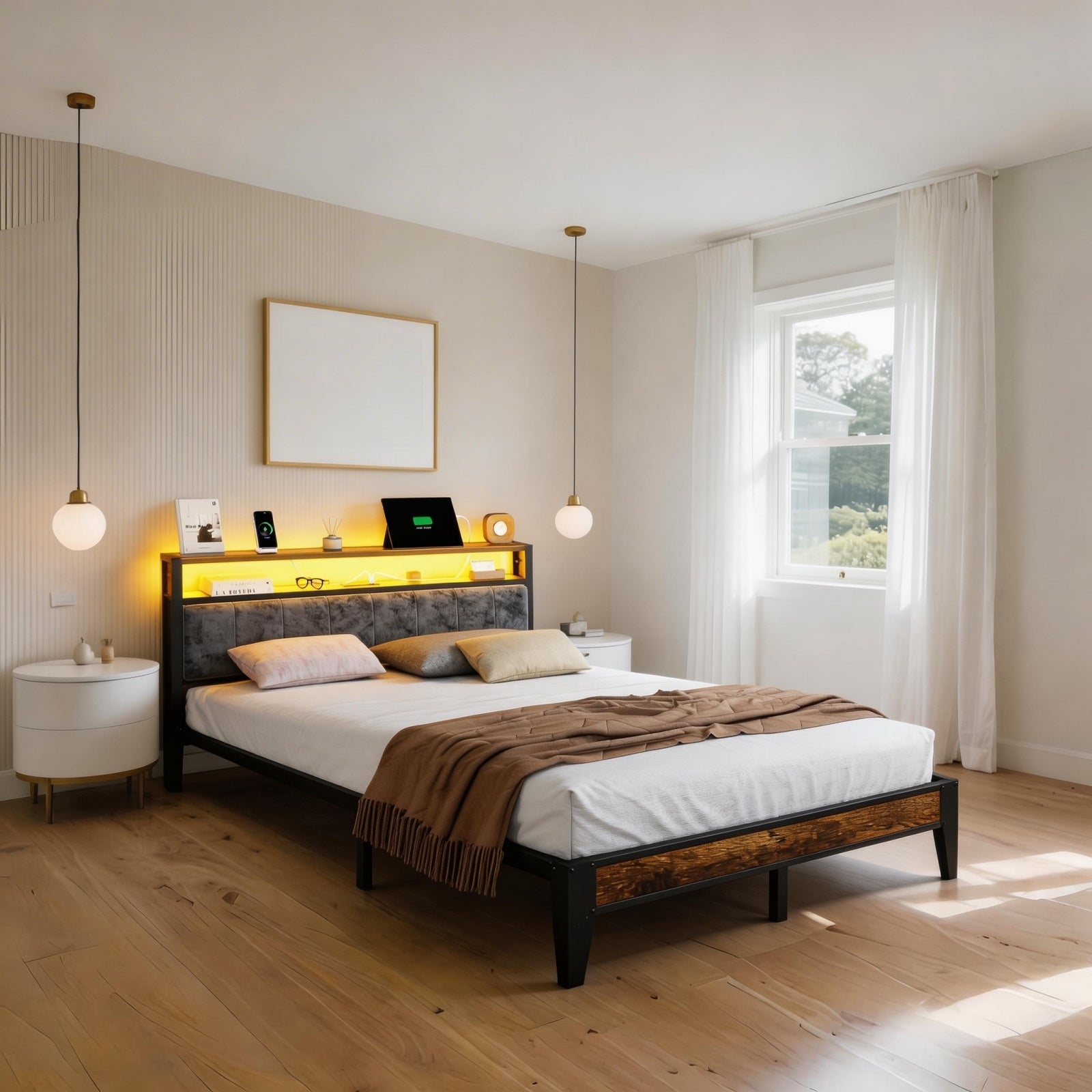 Kbun Full Bed Frames with Upholstered Headboardand 13 Thickened Legs, Industrial Metal Platform Bed Frame, No Box Spring Needed, Noise-Free, Up to 1000 lbs, Rustic Brown