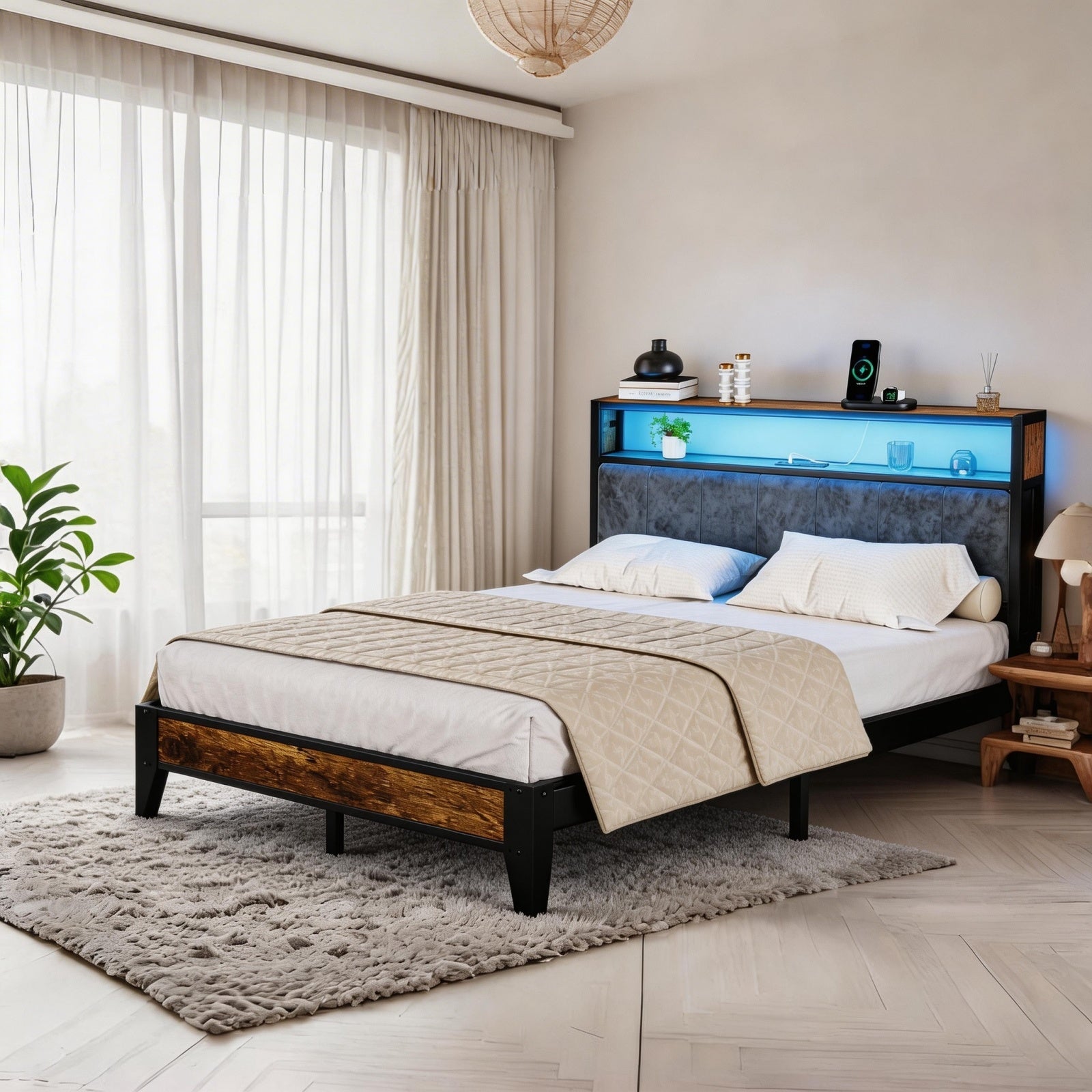 Kbun Full Bed Frames with Upholstered Headboardand 13 Thickened Legs, Industrial Metal Platform Bed Frame, No Box Spring Needed, Noise-Free, Up to 1000 lbs, Rustic Brown
