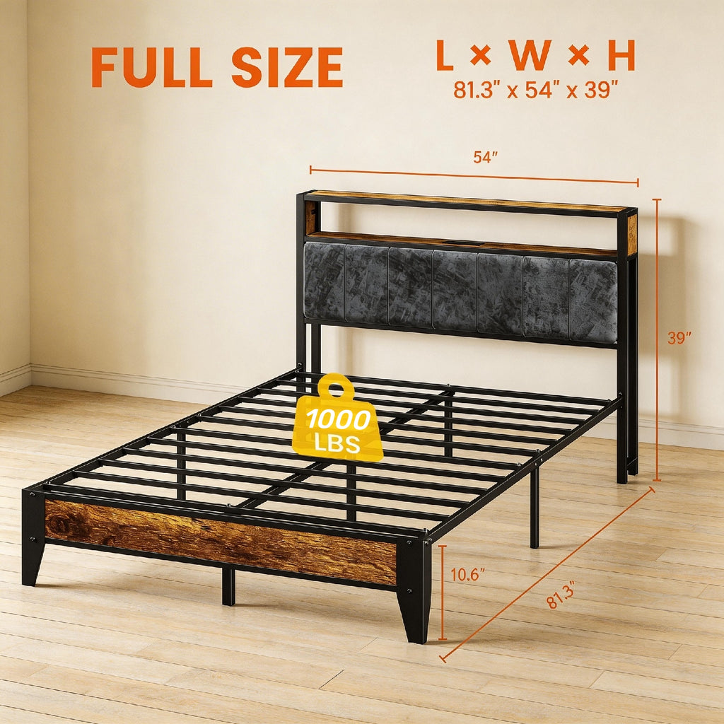 Kbun Full Bed Frames with Upholstered Headboardand 13 Thickened Legs, Industrial Metal Platform Bed Frame, No Box Spring Needed, Noise-Free, Up to 1000 lbs, Rustic Brown