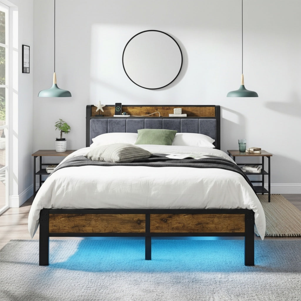 Dayago Queen Size Bed Frame with Upholstered, LED Light, Platform Bed with Charging Station, No Box Spring Required