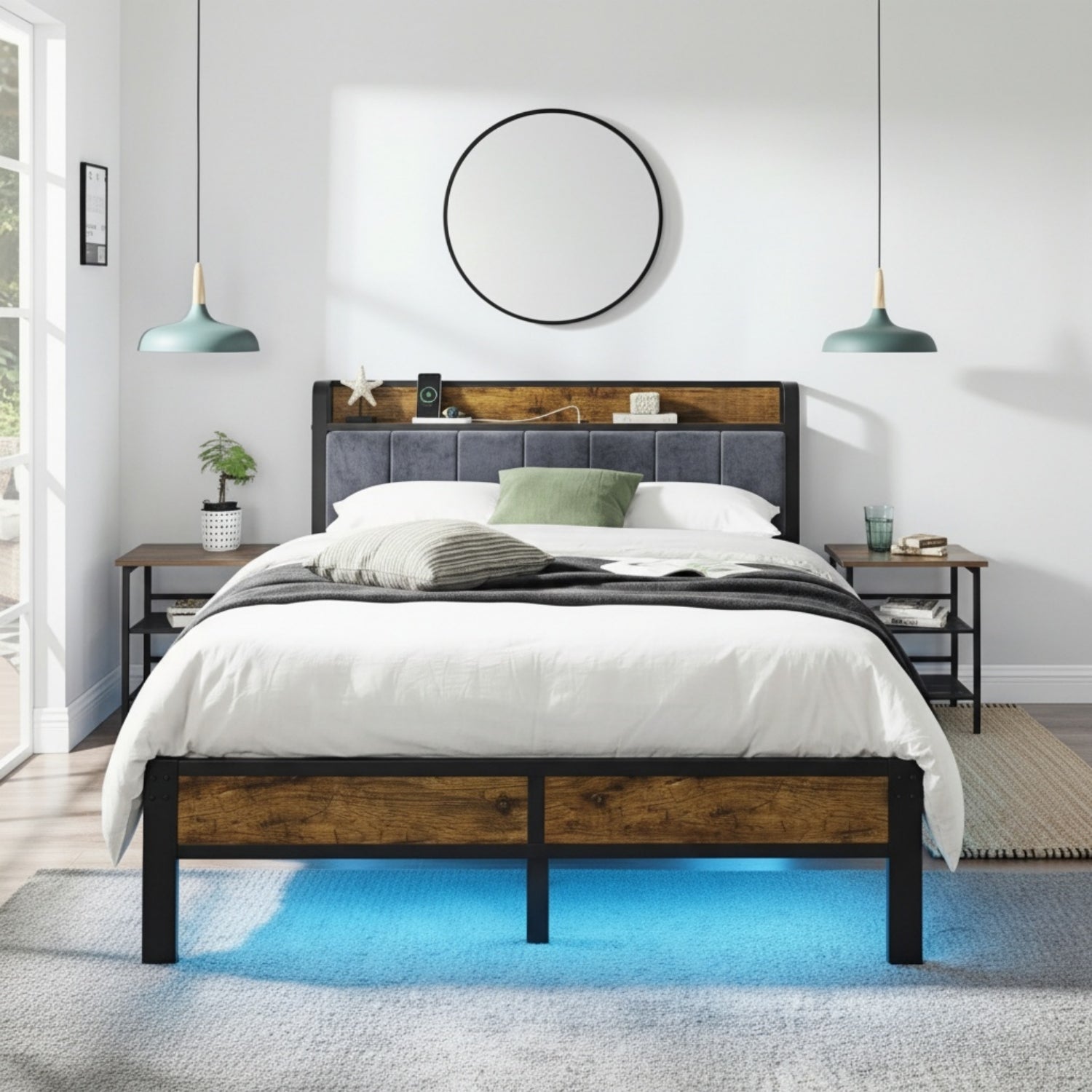 Dayago Queen Size Bed Frame with Upholstered, LED Light, Platform Bed with Charging Station, No Box Spring Required