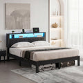Kbun Full Size Platform Bed Frame with Upholstered Headboard, Metal Bed Frame with LED Light, Heavy Duty Steel Slat Supported Full Bed Frames, No Box Spring Needed, Black