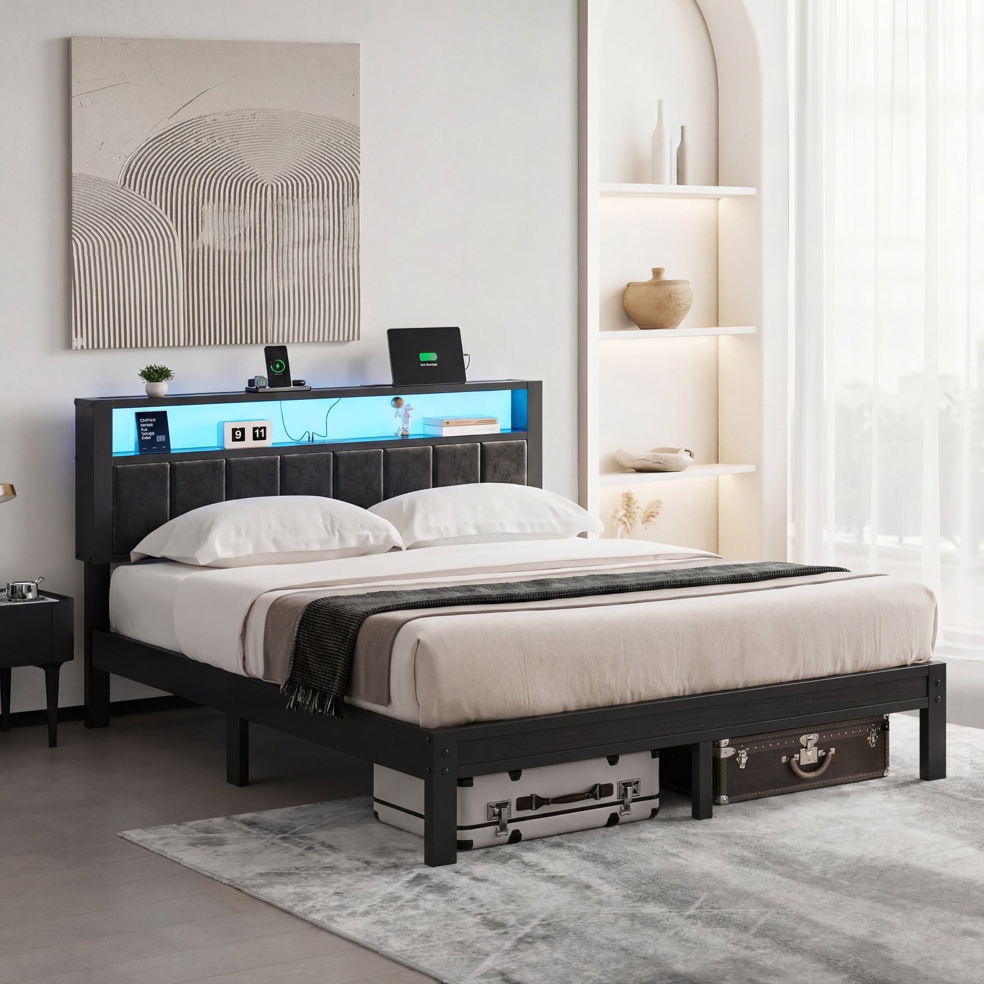 Kbun Full Size Platform Bed Frame with Upholstered Headboard, Metal Bed Frame with LED Light, Heavy Duty Steel Slat Supported Full Bed Frames, No Box Spring Needed, Black