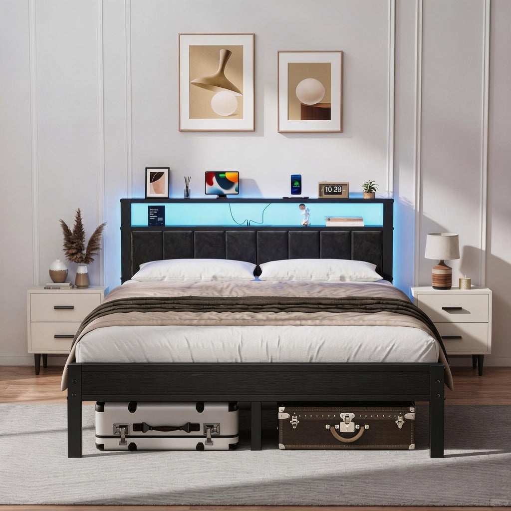 Kbun Full Size Platform Bed Frame with Upholstered Headboard, Metal Bed Frame with LED Light, Heavy Duty Steel Slat Supported Full Bed Frames, No Box Spring Needed, Black