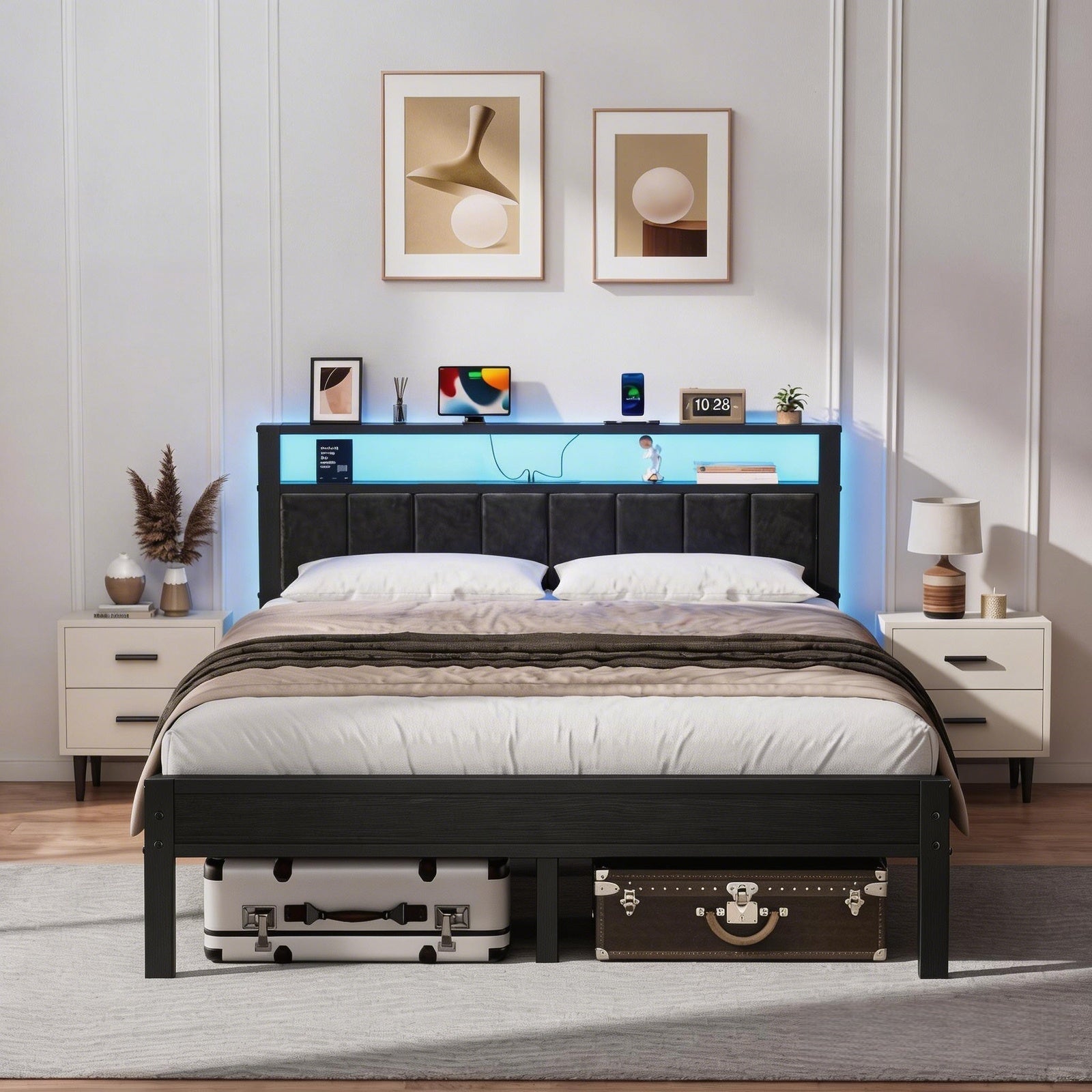Kbun Full Size Platform Bed Frame with Upholstered Headboard, Metal Bed Frame with LED Light, Heavy Duty Steel Slat Supported Full Bed Frames, No Box Spring Needed, Black