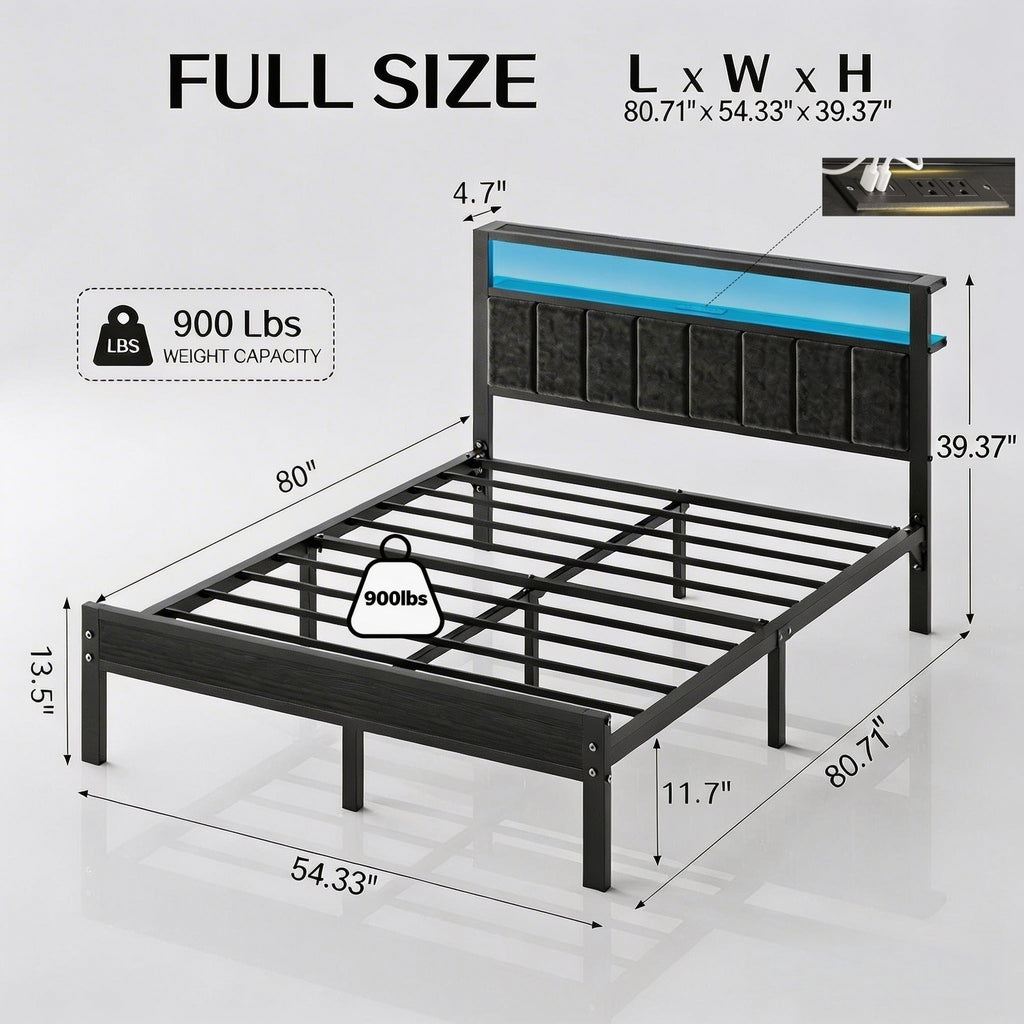 Kbun Full Size Platform Bed Frame with Upholstered Headboard, Metal Bed Frame with LED Light, Heavy Duty Steel Slat Supported Full Bed Frames, No Box Spring Needed, Black