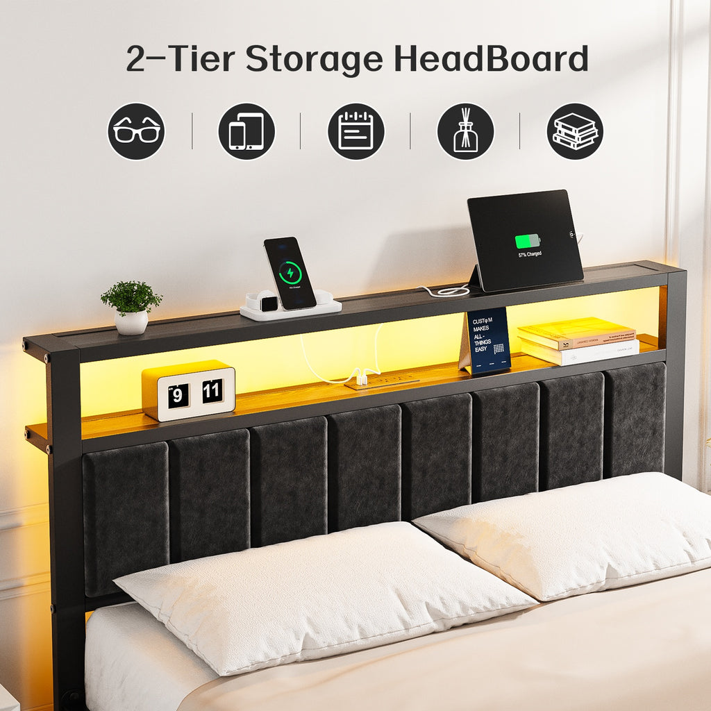 Kbun Full Size Platform Bed Frame with Upholstered Headboard, Metal Bed Frame with LED Light, Heavy Duty Steel Slat Supported Full Bed Frames, No Box Spring Needed, Black