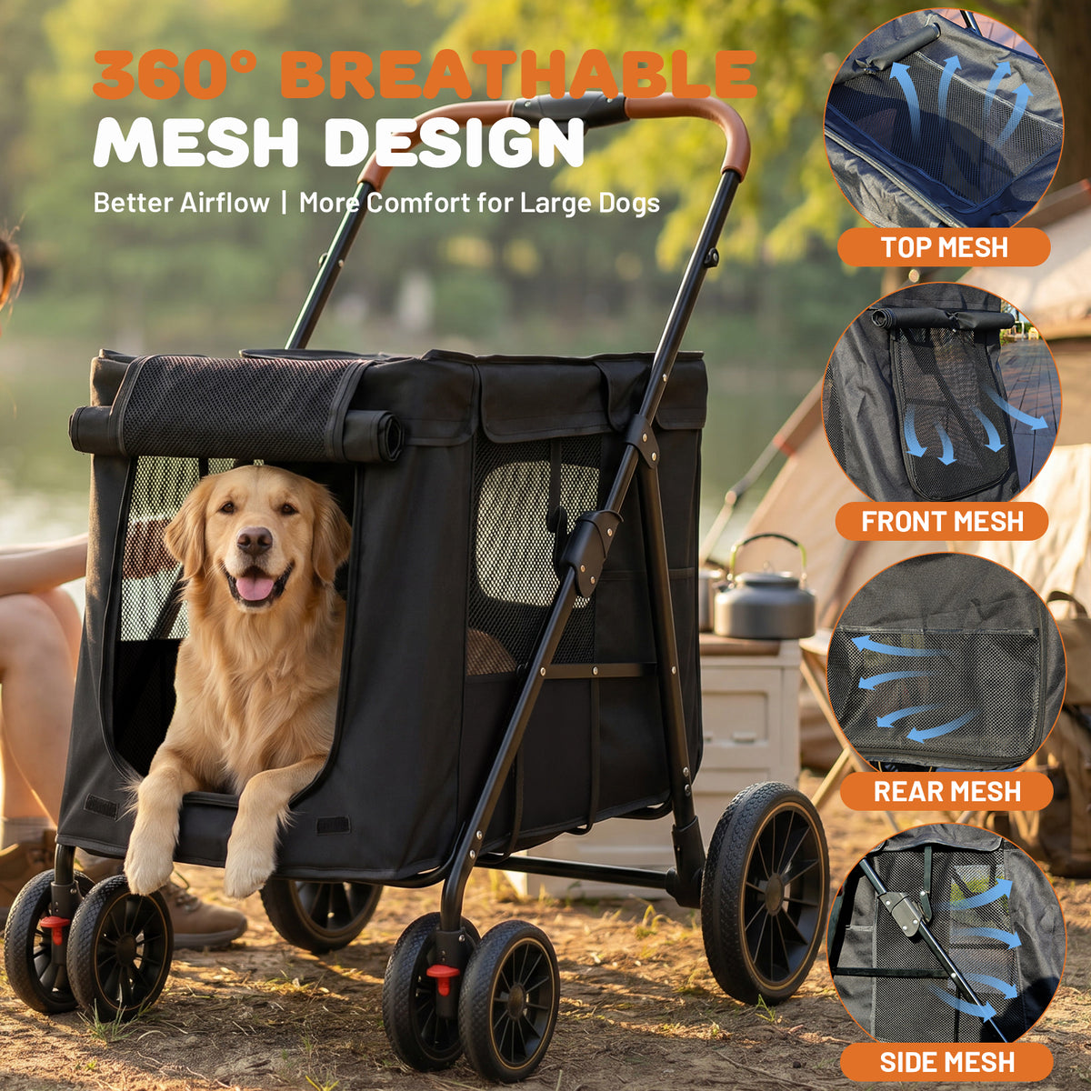 Ferhtm Heavy Duty Dog Stroller for Large & Medium Dogs, Foldable Pet Stroller with Dual Carbon Steel Support Bars & All-Terrain Wheels, Double Pet Wagon for Multiple Pets up to 80 lbs