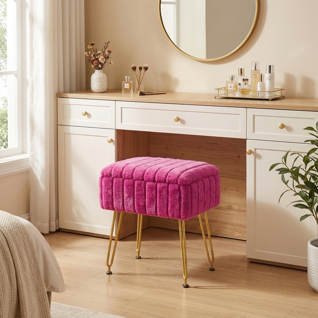 Kbun Faux Fur Vanity Stool with Storage, Makeup Ottoman Chair with Upholstered Seat, Metal Legs & Anti-Slip Feet for Bedroom, Living Room, Rose Pink