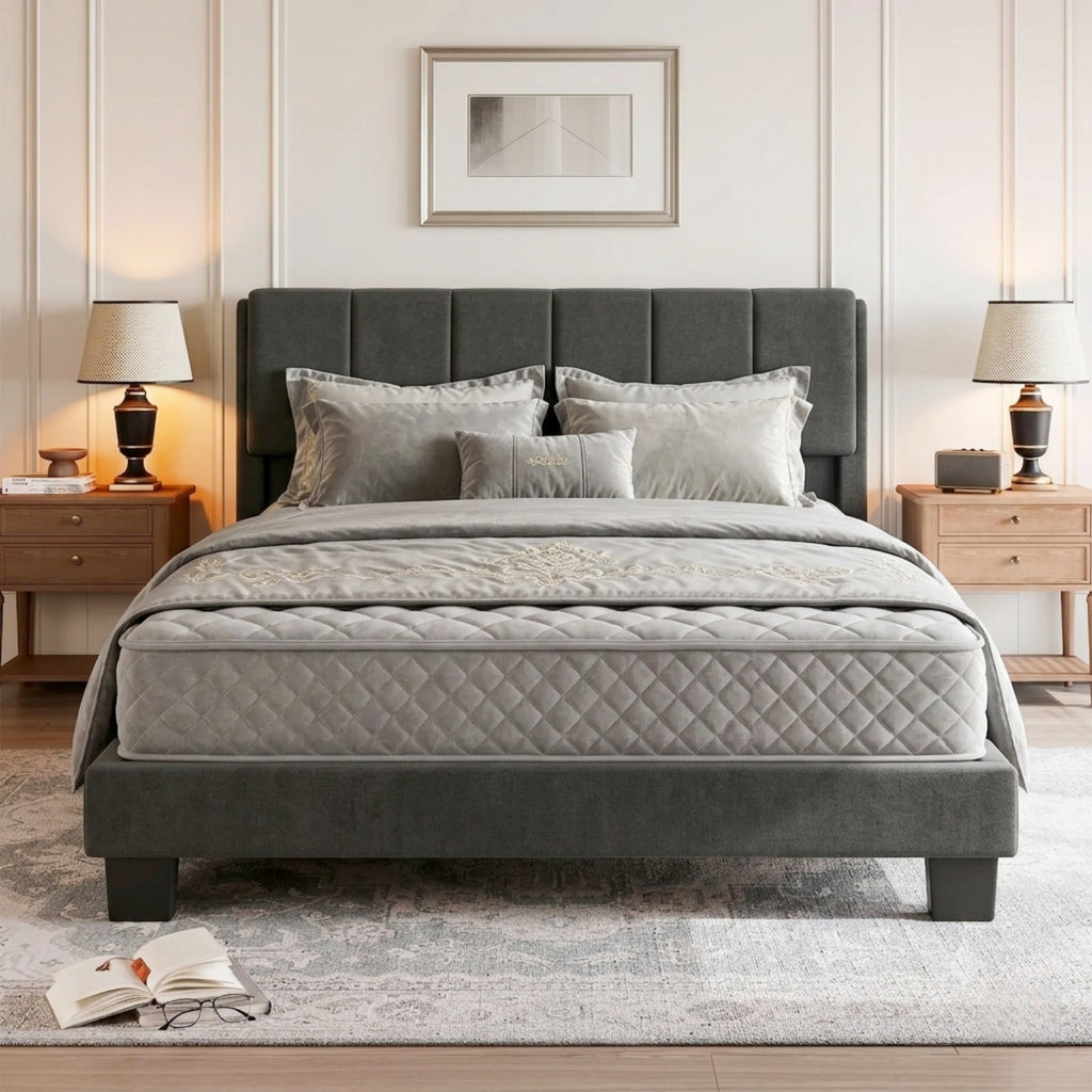 Kbun King Size Platform Bed Frame with Fabric Upholstered Headboard, No Box Spring Needed,Wooden Slats Support, Easy Assembly,Grey