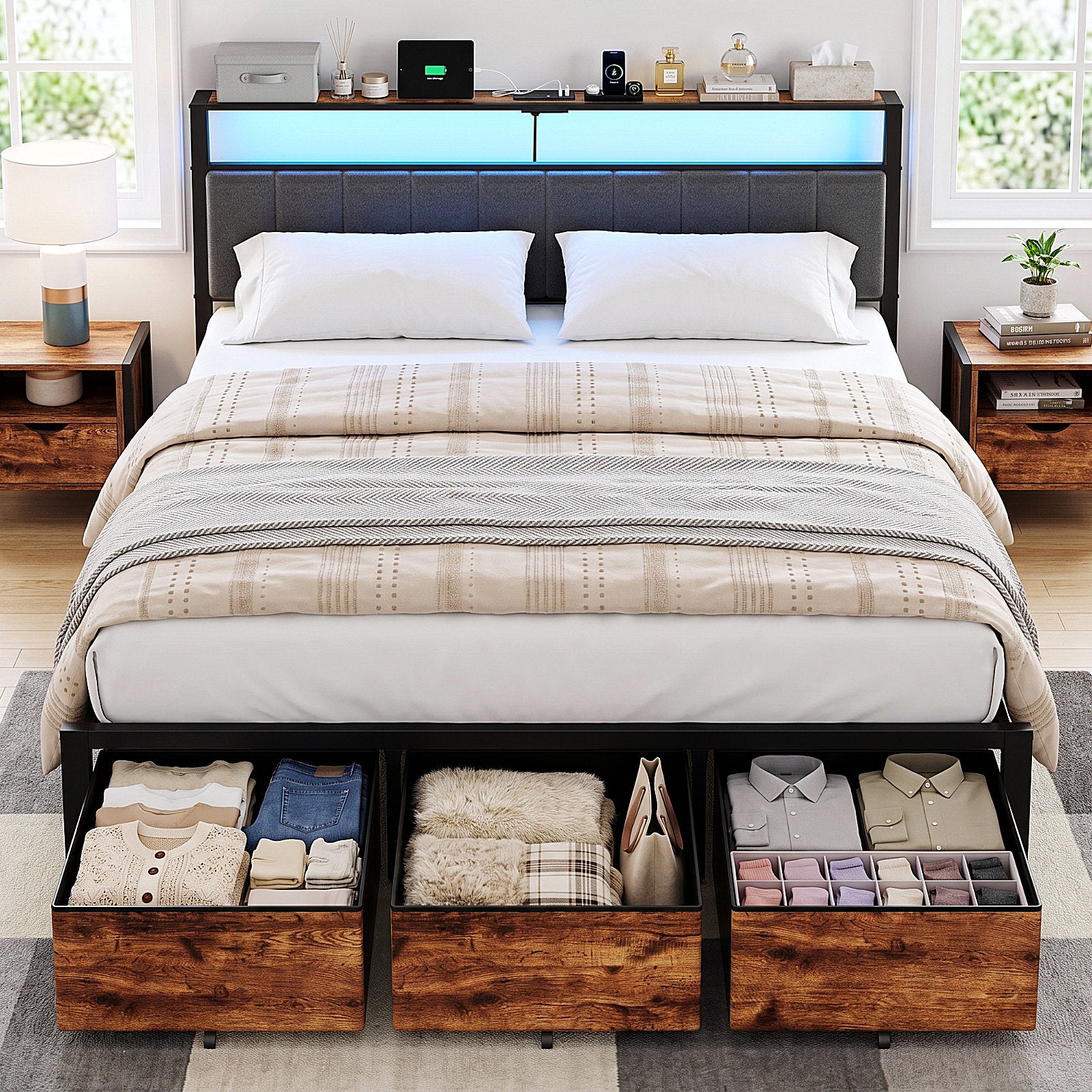 Bexfil King Bed Frame with 3 Storage Drawers, Metal Platform Bed Frame with 2-Tier Storage Headboard, Built in Charging Station &amp; LED, Noise-Free, Metal Support, No Box Spring Needed,Classic Brown