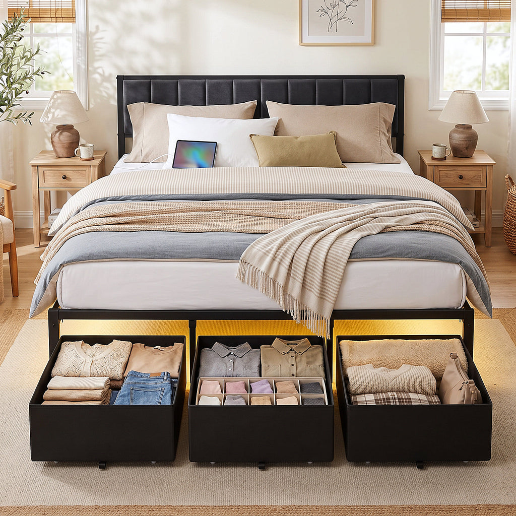 Kbun King Bed Frame with 3 Drawers and Upholstered Headboard, Outlets and LED Lights, Heavy Duty Metal Platform with Storage Space Under Frame, No Box Spring Needed, Noise Free, Gray
