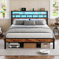 Kbun King Size LED Metal Bed Frame with 2-Tier Storage Headboard and Charging Station,No Box Spring Needed, Easy Assembly, Brown