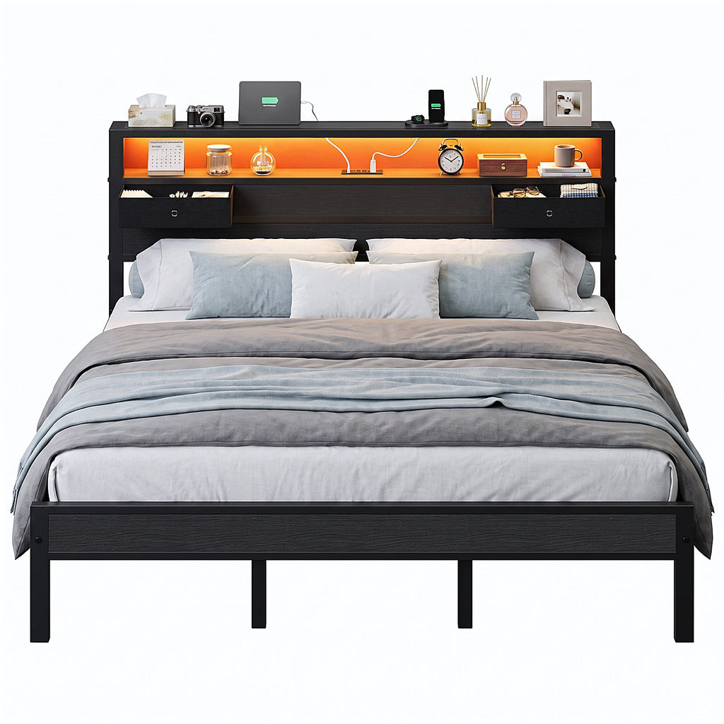Kbun King Size Metal Platforrm Bed Frame with LED Lights Headboard, 2 Storage Drawers and Charging Station, No Box Spring Needed, Easy Assembly