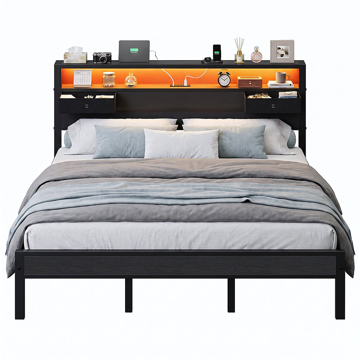 Kbun King Size Metal Platforrm Bed Frame with LED Lights Headboard, 2 Storage Drawers and Charging Station, No Box Spring Needed, Easy Assembly