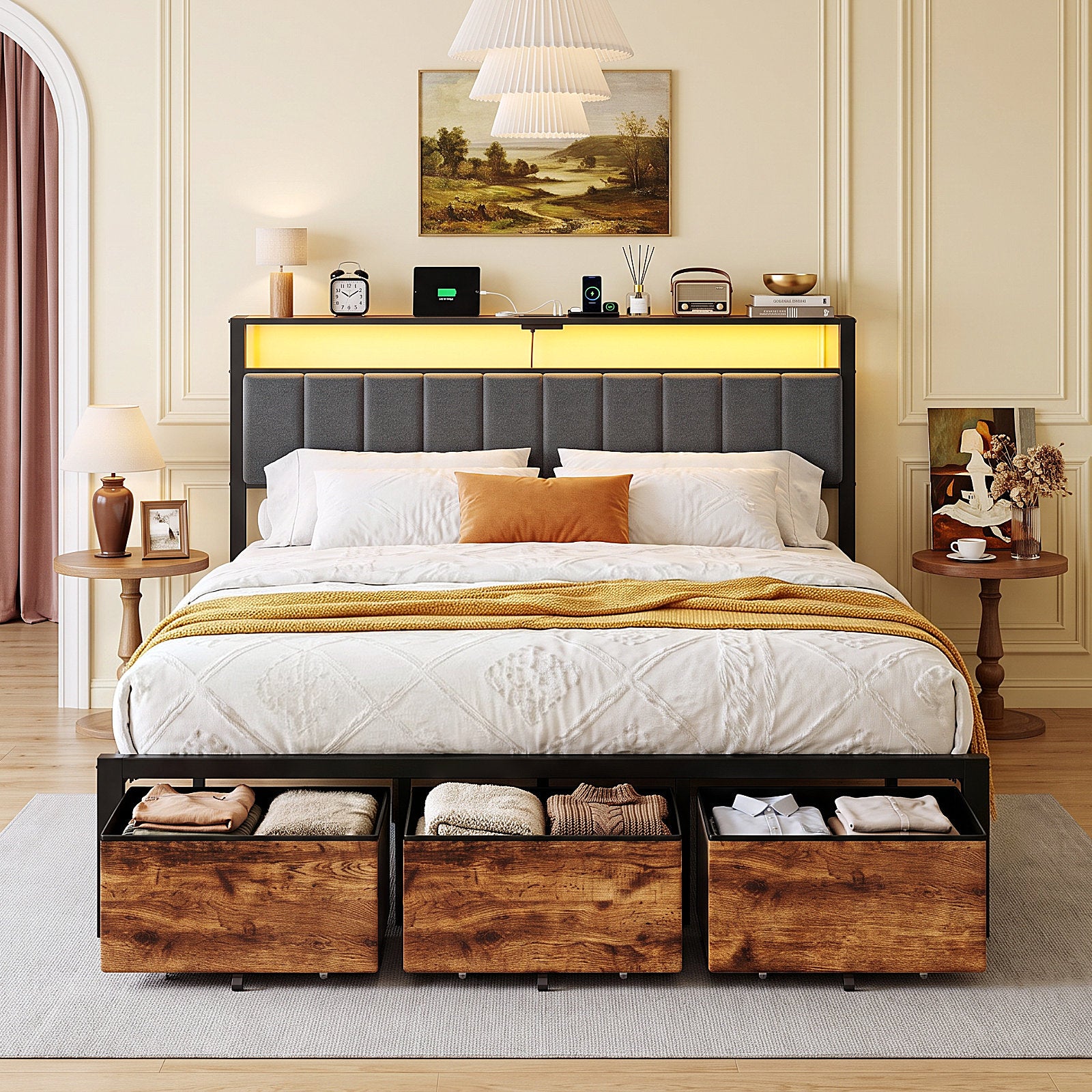 Dayago King Bed Frame with 3 Storage Drawers,Metal Platform Bed Frame King Size Upholstered Headboard with Storage, Fast Charging Station and LED Lights, No Box Spring Needed, Easy Assembly, Brown