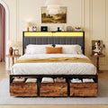 Kbun King Size Bed Frame with Charging Station, LED Lights, Metal Platform Bed Frames Upholstered with 3 Large Storage Drawers,No Box Spring Needed