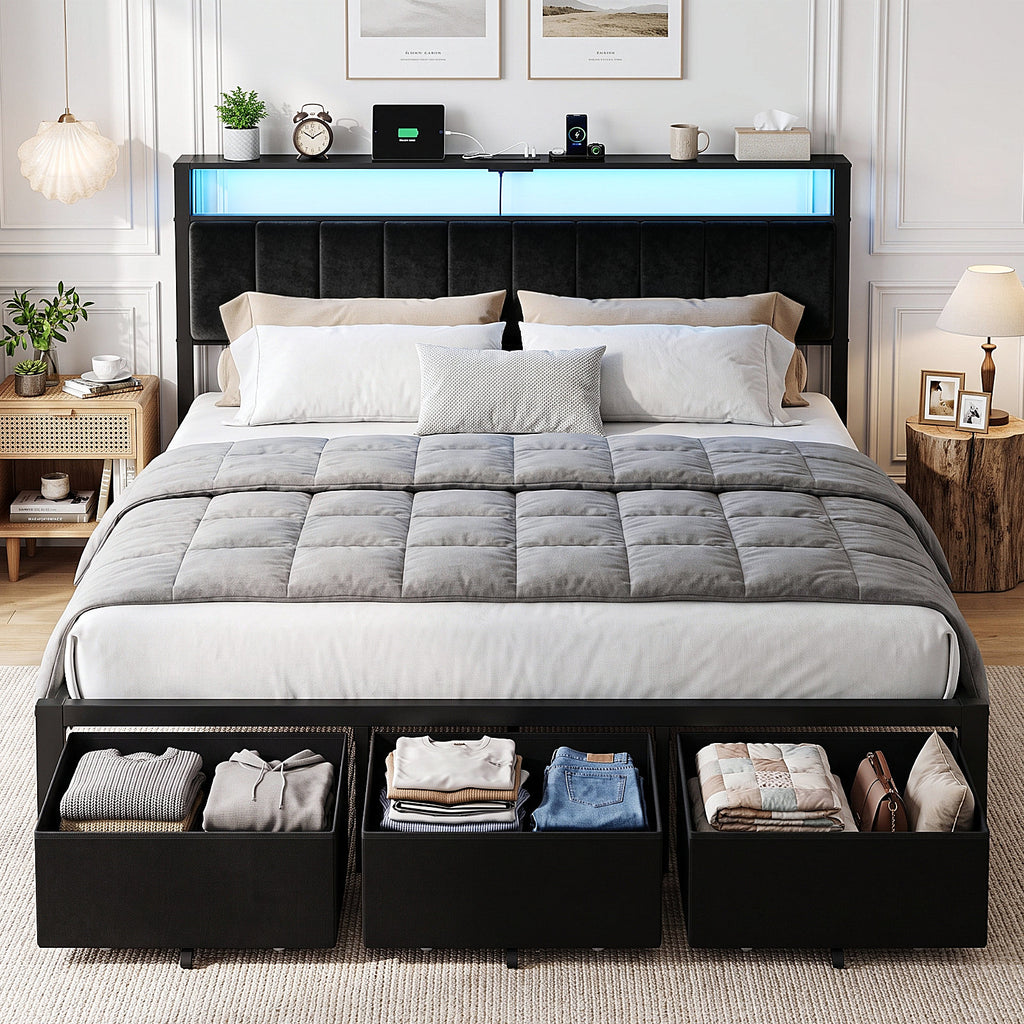 Bexfil King Size Bed Frame with Built in Charging Station and LED Light, Metal Platform Bed Frames with 3 Storage Drawers, Noise-Free,Metal Support, No Box Spring Needed, Black