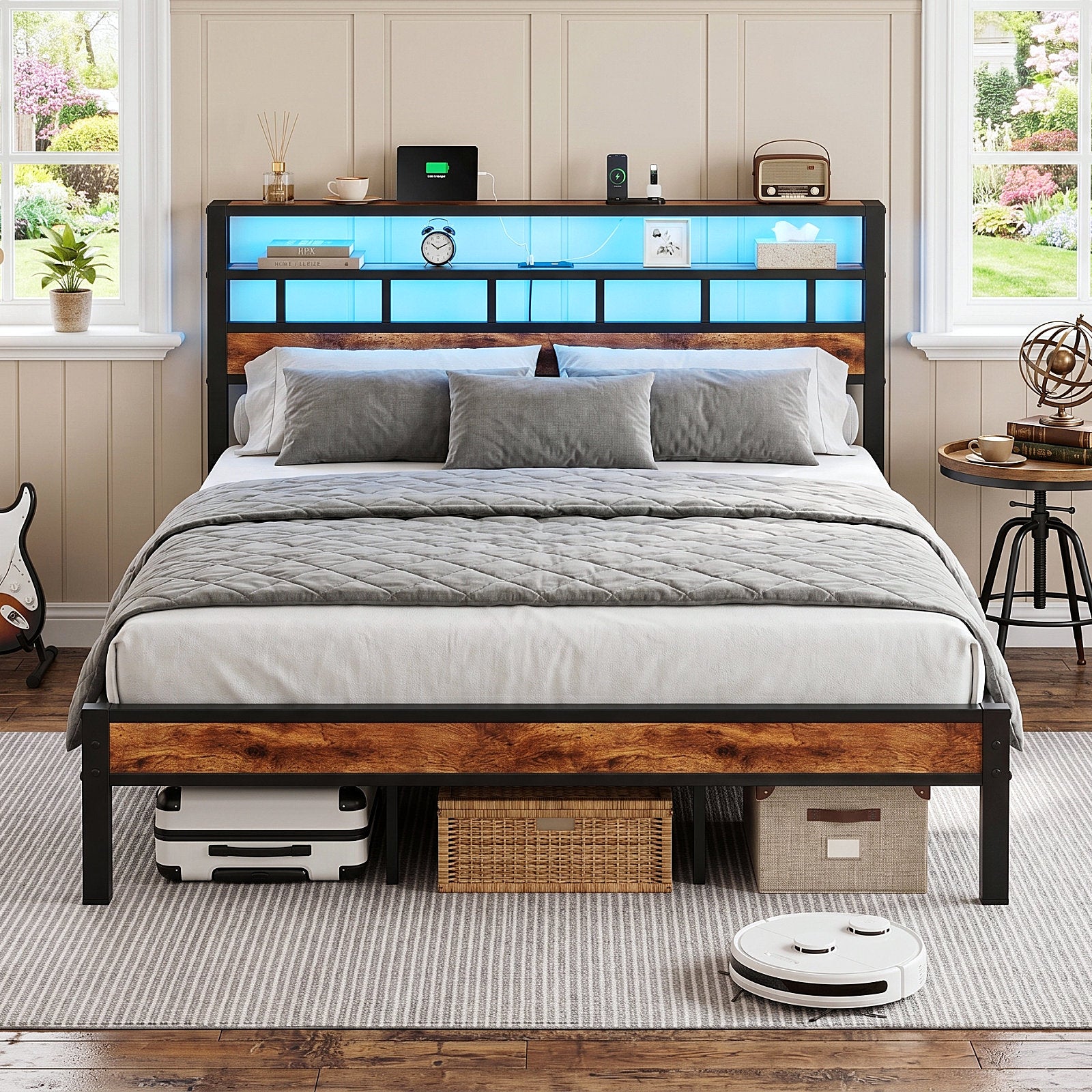 Bexfil King Bed Frame with Storage Headboard and LED Light, Metal Platform Bed Station with Charging Station & LED, Noise-Free, No Box Spring Needed