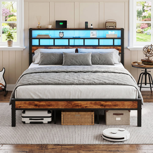 Bexfil King Bed Frame with Storage Headboard and LED Light, Metal Platform Bed Station with Charging Station & LED, Noise-Free, No Box Spring Needed