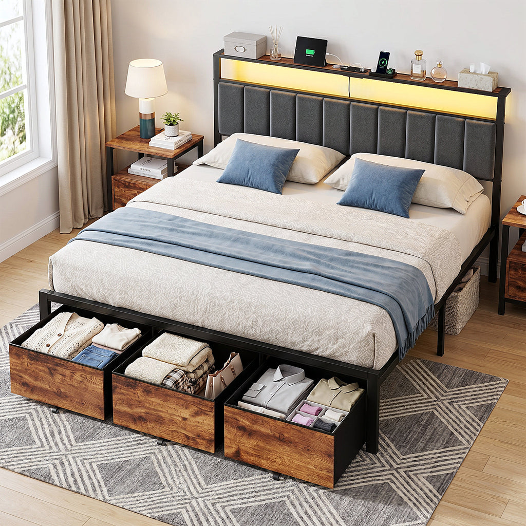 Bexfil King Bed Frame with 3 Storage Drawers, Metal Platform Bed Frame with 2-Tier Storage Headboard, Built in Charging Station &amp; LED, Noise-Free, Metal Support, No Box Spring Needed,Classic Brown