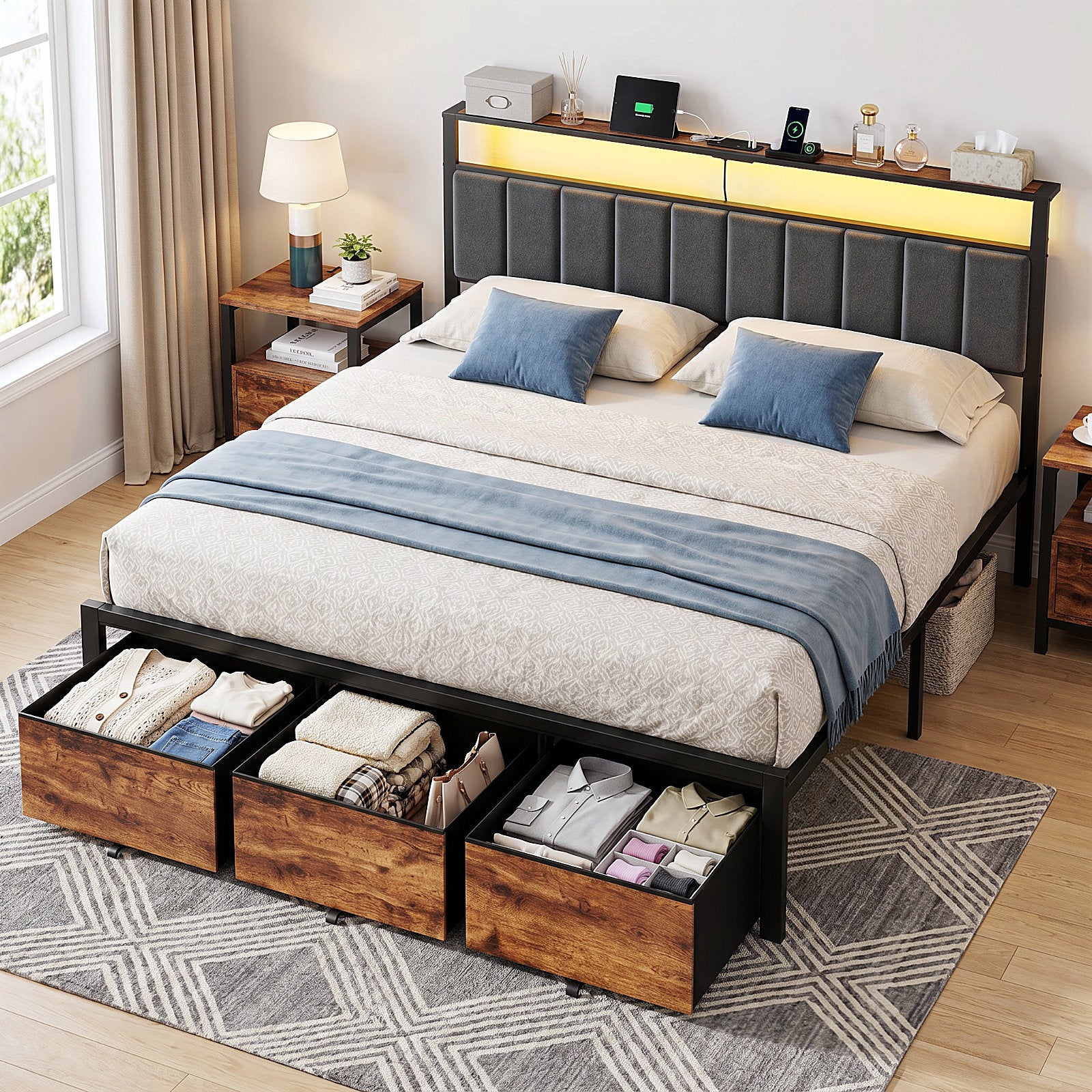 Bexfil King Bed Frame with 3 Storage Drawers, Metal Platform Bed Frame with 2-Tier Storage Headboard, Built in Charging Station &amp; LED, Noise-Free, Metal Support, No Box Spring Needed,Classic Brown