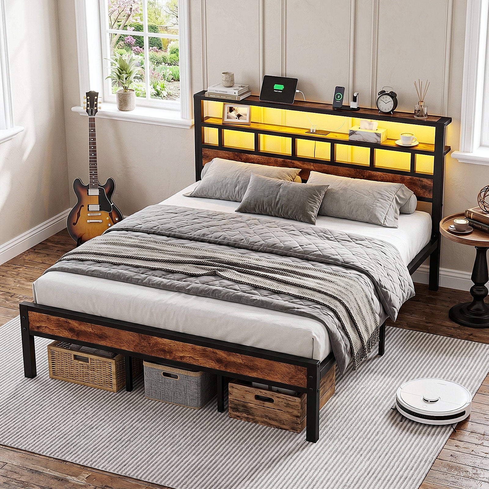Bexfil King Bed Frame with Storage Headboard and LED Light, Metal Platform Bed Station with Charging Station & LED, Noise-Free, No Box Spring Needed