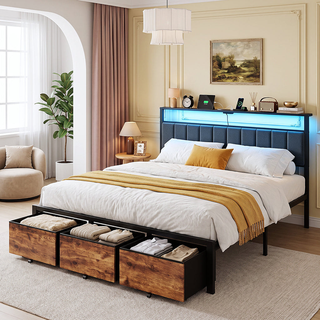Dayago King Bed Frame with 3 Storage Drawers,Metal Platform Bed Frame King Size Upholstered Headboard with Storage, Fast Charging Station and LED Lights, No Box Spring Needed, Easy Assembly, Brown