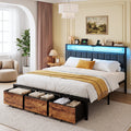 Dayago King Bed Frame with 3 Storage Drawers,Metal Platform Bed Frame King Size Upholstered Headboard with Storage, Fast Charging Station and LED Lights, No Box Spring Needed, Easy Assembly, Brown