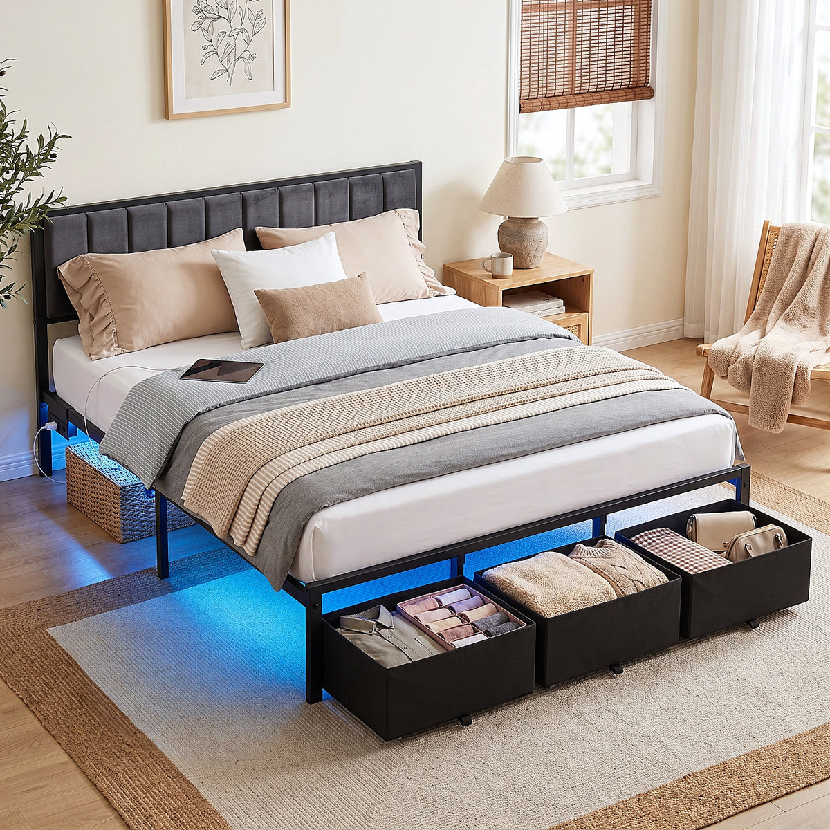 Kbun King Bed Frame with 3 Drawers and Upholstered Headboard, Outlets and LED Lights, Heavy Duty Metal Platform with Storage Space Under Frame, No Box Spring Needed, Noise Free, Gray