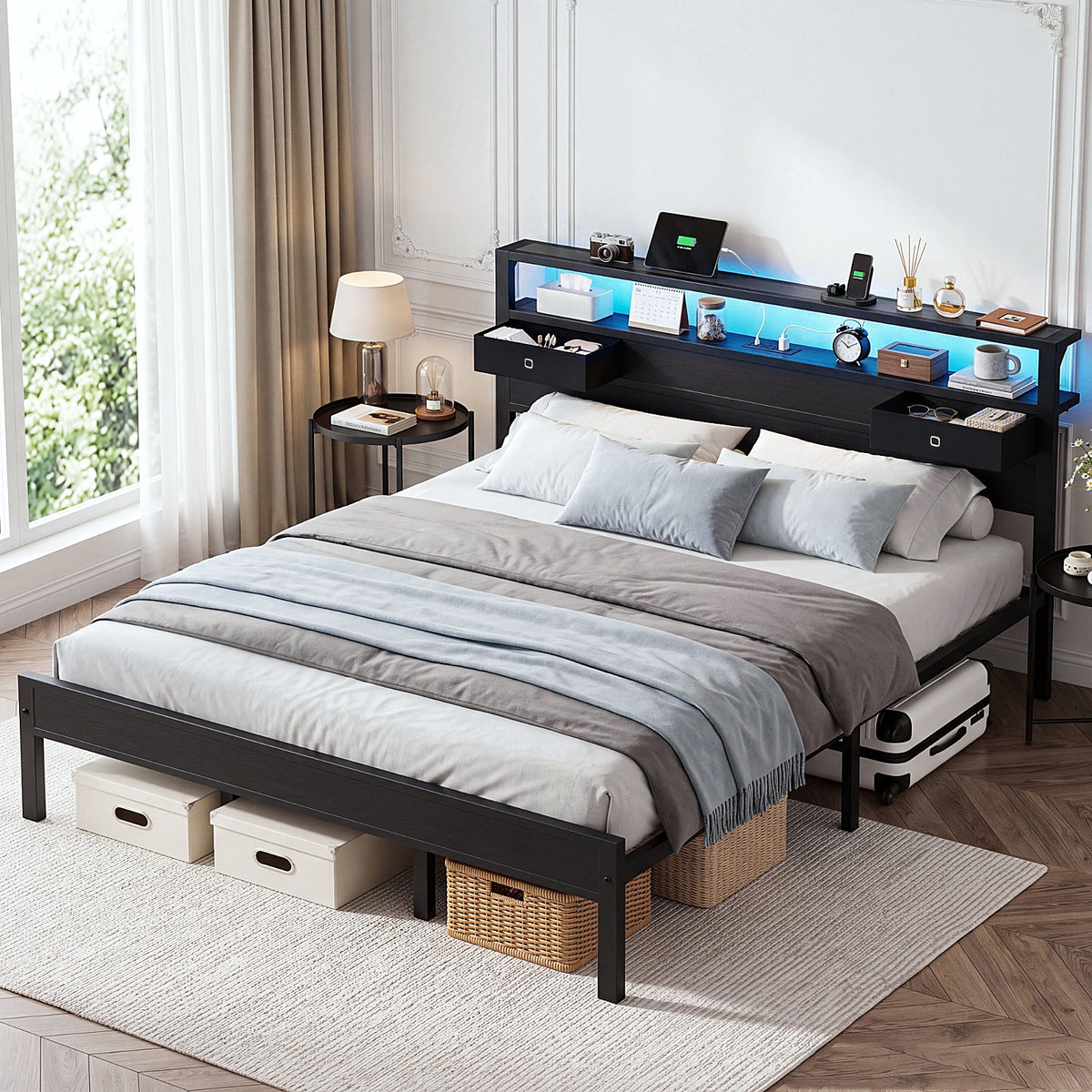 Kbun King Size Metal Platforrm Bed Frame with LED Lights Headboard, 2 Storage Drawers and Charging Station, No Box Spring Needed, Easy Assembly
