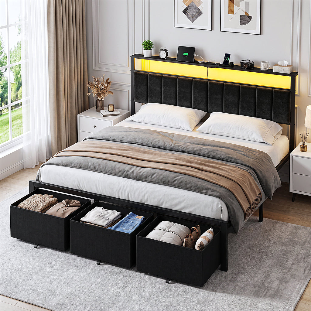 Bexfil King Size Bed Frame with Built in Charging Station and LED Light, Metal Platform Bed Frames with 3 Storage Drawers, Noise-Free,Metal Support, No Box Spring Needed, Black