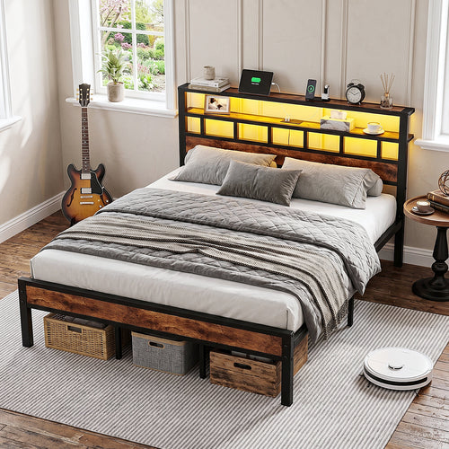 Bexfil King Bed Frame with Storage Headboard and LED Light, Metal Platform Bed Station with Charging Station & LED, Noise-Free, No Box Spring Needed