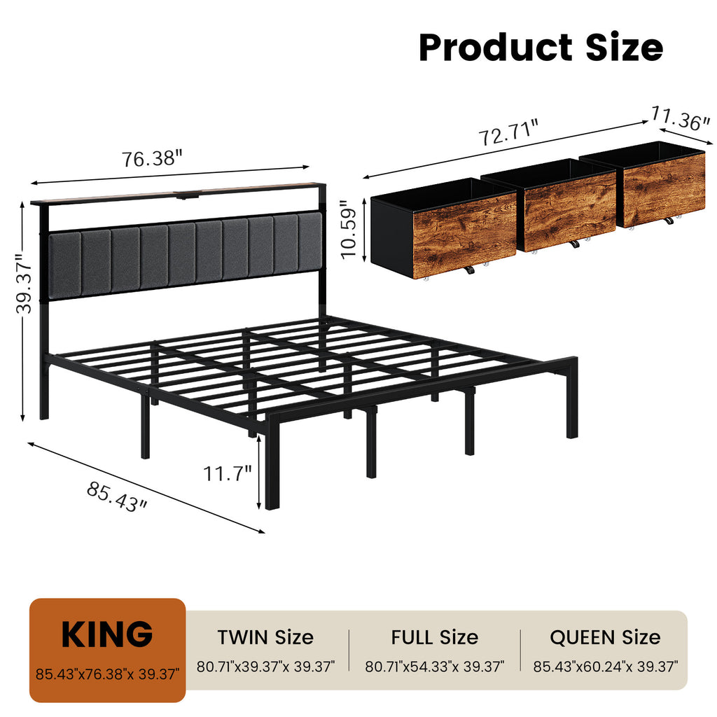 Bexfil King Bed Frame with 3 Storage Drawers, Metal Platform Bed Frame with 2-Tier Storage Headboard, Built in Charging Station &amp; LED, Noise-Free, Metal Support, No Box Spring Needed,Classic Brown