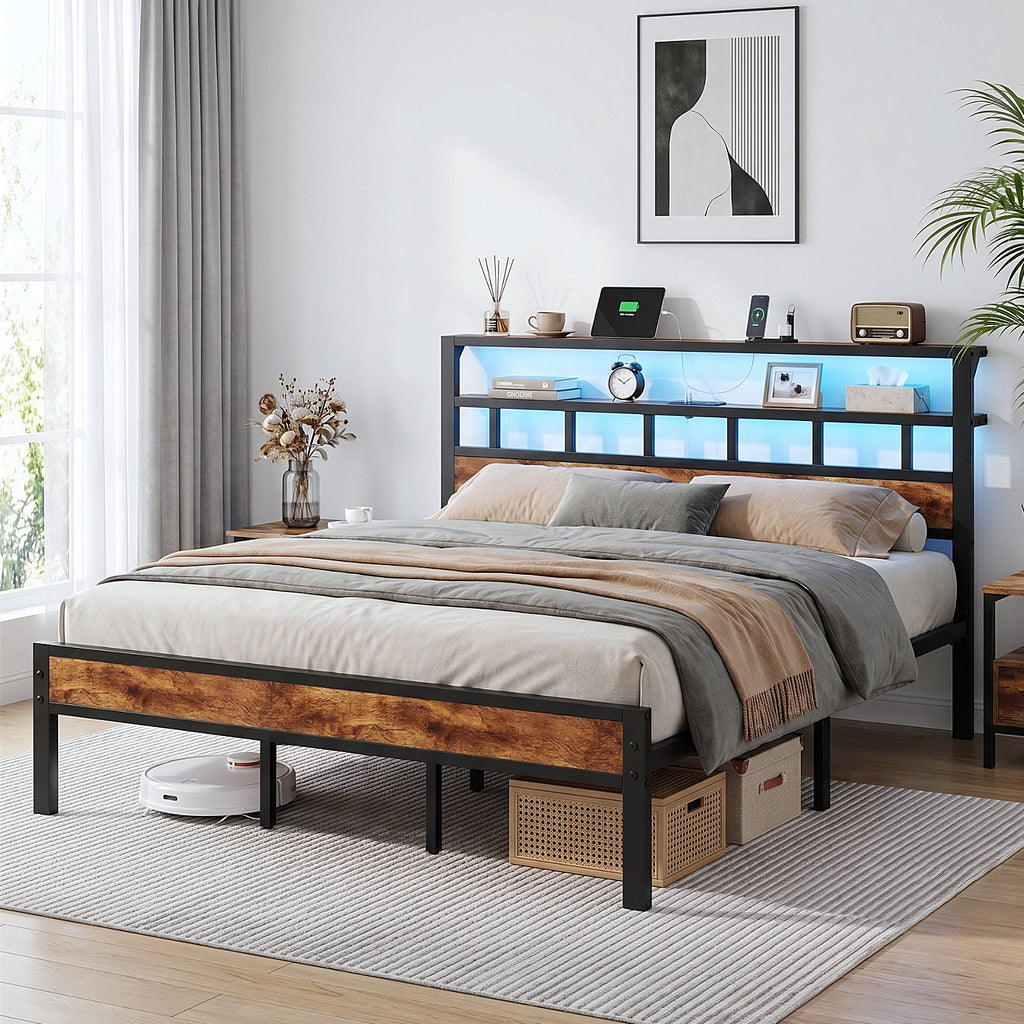 Bexfil King Bed Frame with Storage Headboard and LED Light, Metal Platform Bed Station with Charging Station & LED, Noise-Free, No Box Spring Needed