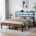 Bexfil King Bed Frame with Storage Headboard and LED Light, Metal Platform Bed Station with Charging Station & LED, Noise-Free, No Box Spring Needed
