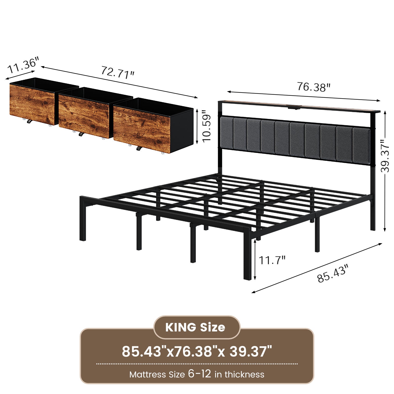 Kbun King Size Bed Frame with Charging Station, LED Lights, Metal Platform Bed Frames Upholstered with 3 Large Storage Drawers,No Box Spring Needed