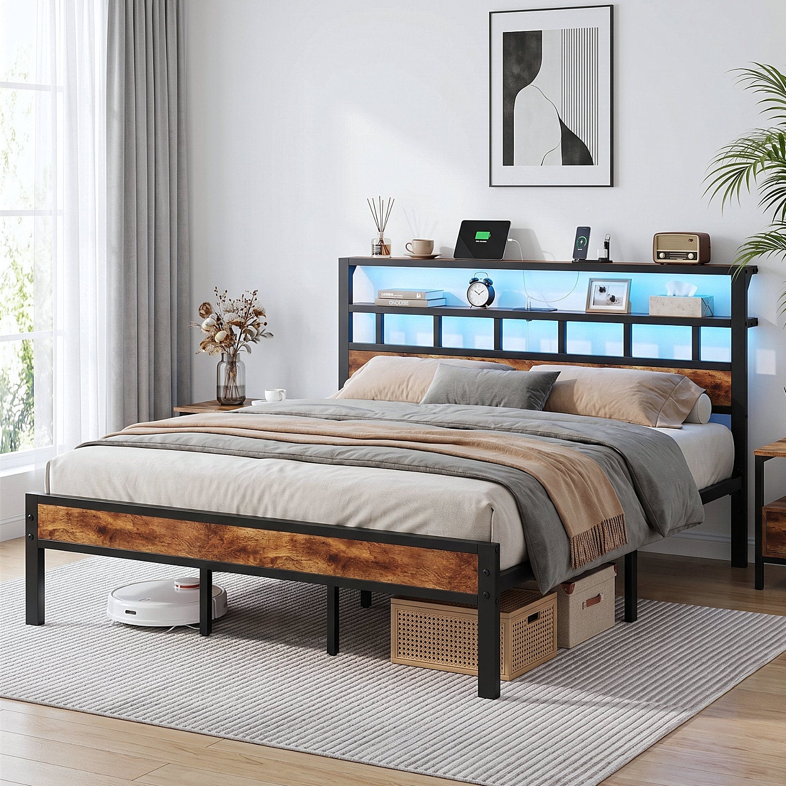 Kbun King Size LED Metal Bed Frame with 2-Tier Storage Headboard and Charging Station,No Box Spring Needed, Easy Assembly, Brown